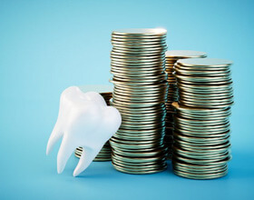 an extracted tooth next to a stack of coins